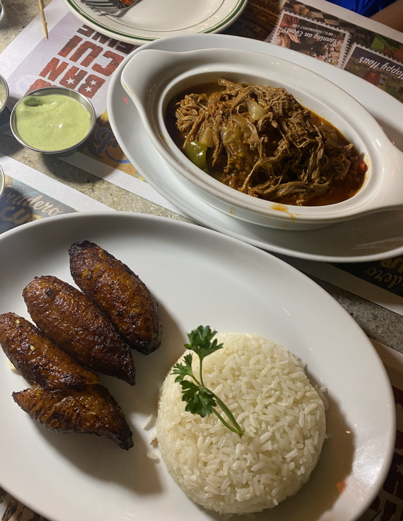 Rice, plantains, and beef stew in Miami